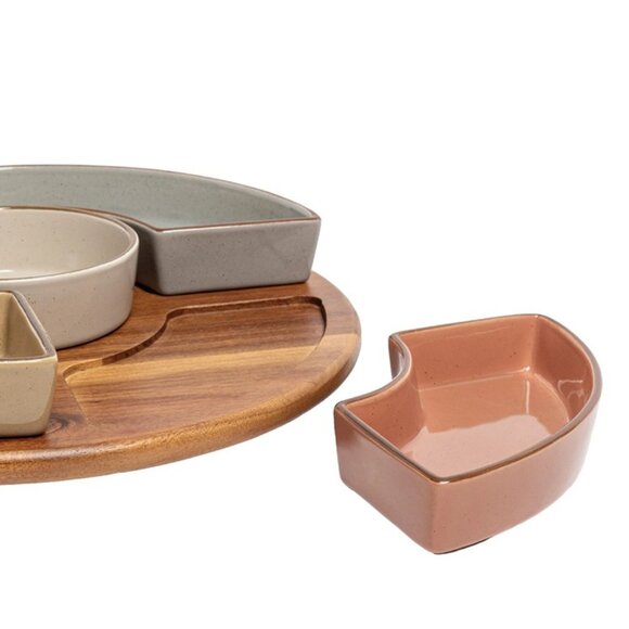 over&back Options Lazy Susan, 6-piece Stoneware and Acacia Wood Serverware - Picture 5 of 6